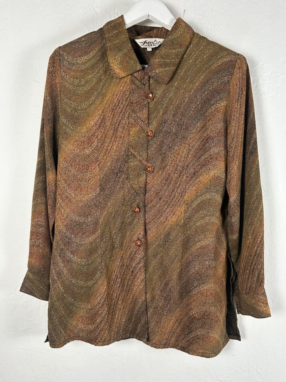 Vintage Juntis Womens Button-Up Shirt Swirl Print Brown Gold Size 15 Long Sleeve